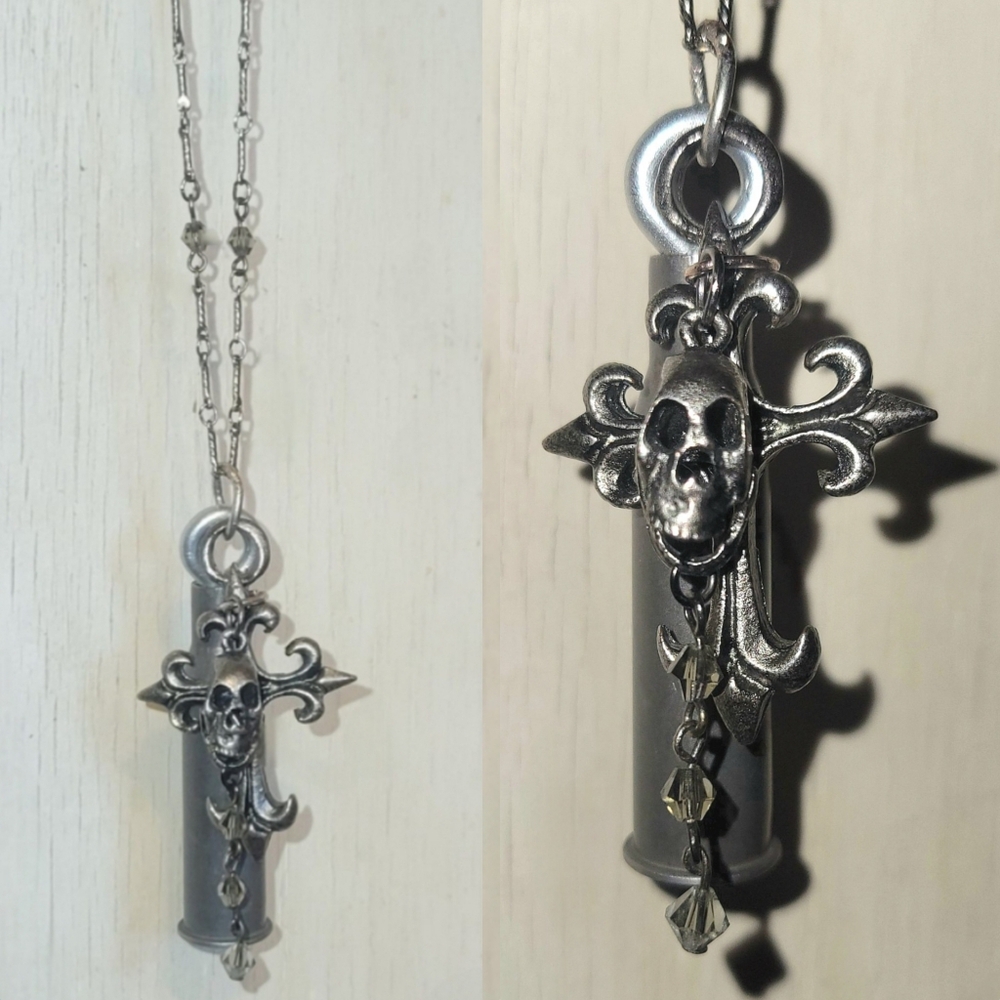 Vtg 90s Gunmetal gothic cross Tripp skull bullet casing swarovski necklace NWT
